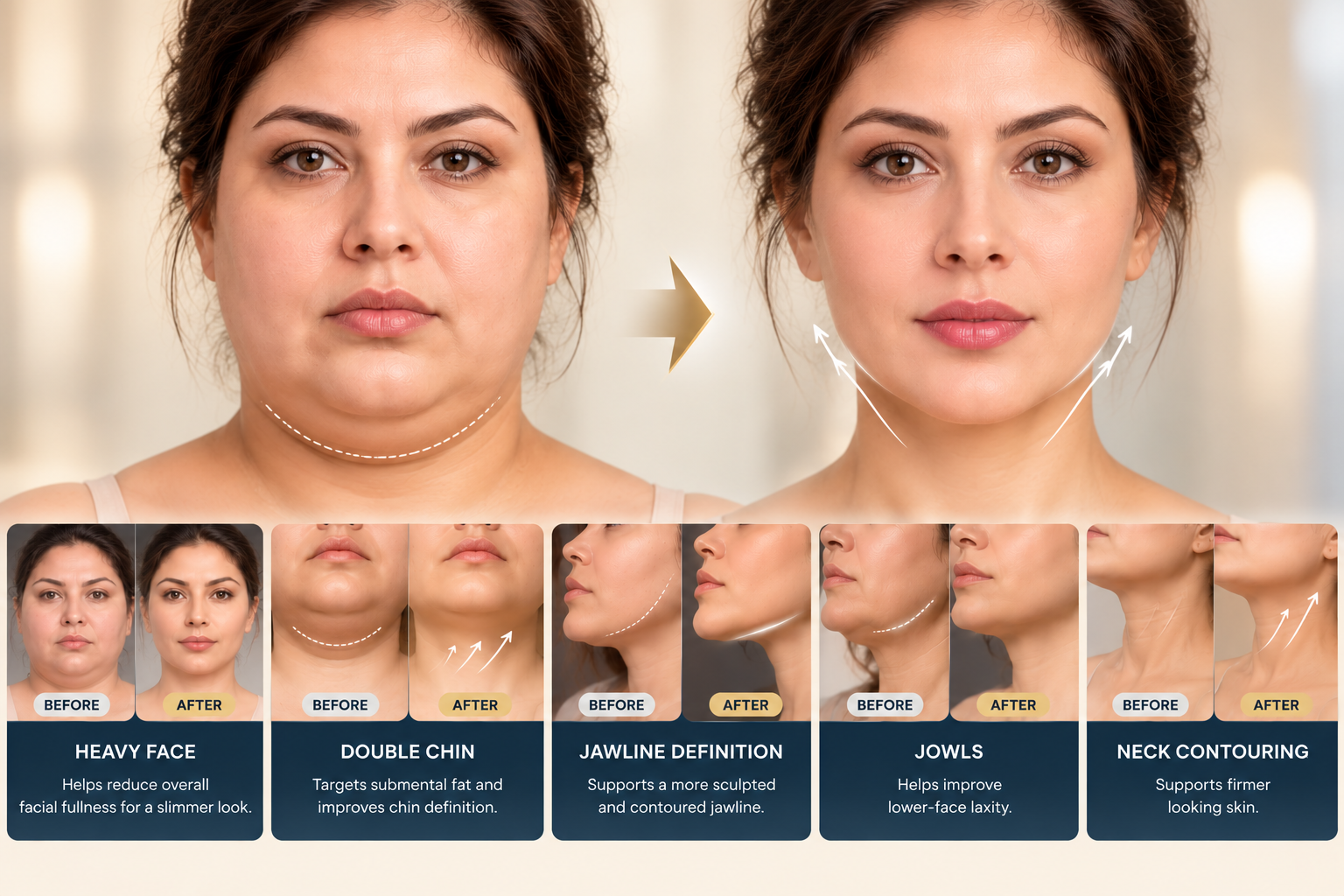 Before and after facial contouring: heavy face, double chin, jawline definition, jowls and neck contouring